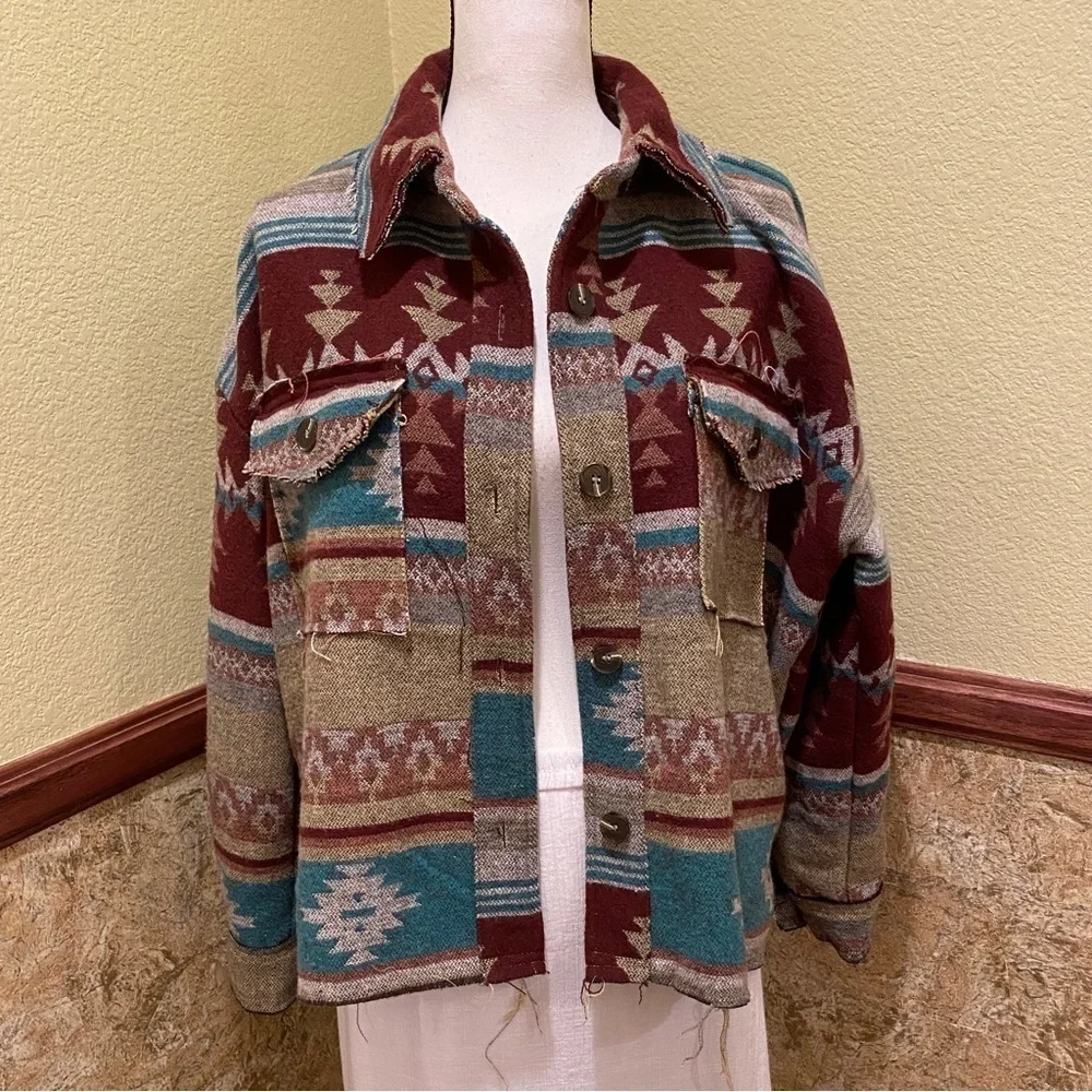 La Miel Size Small Aztec Shacket Western Shirt Jacket Frayed Hems Cowgirl